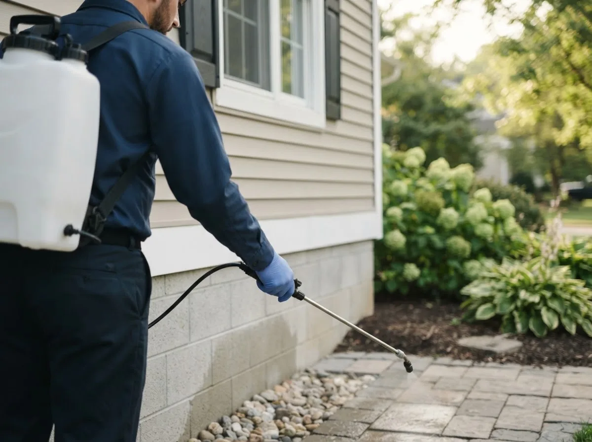 Pest control technician inspecting a home in Apache, OK